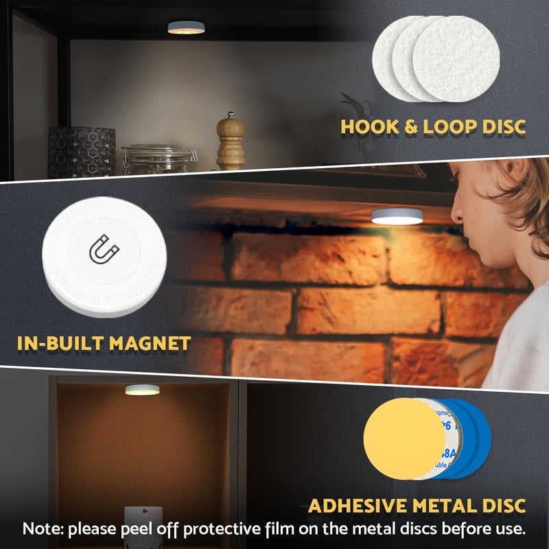 DAZZY DOT Rechargeable Puck Lights 2 Pack, Magnetic Tap Light 1000mAh Battery Powered, Warm Yellow, Dimmable Touch Light Stick on for Closet, Locker, Cabinet, Bedside, Kitchen - Image 4